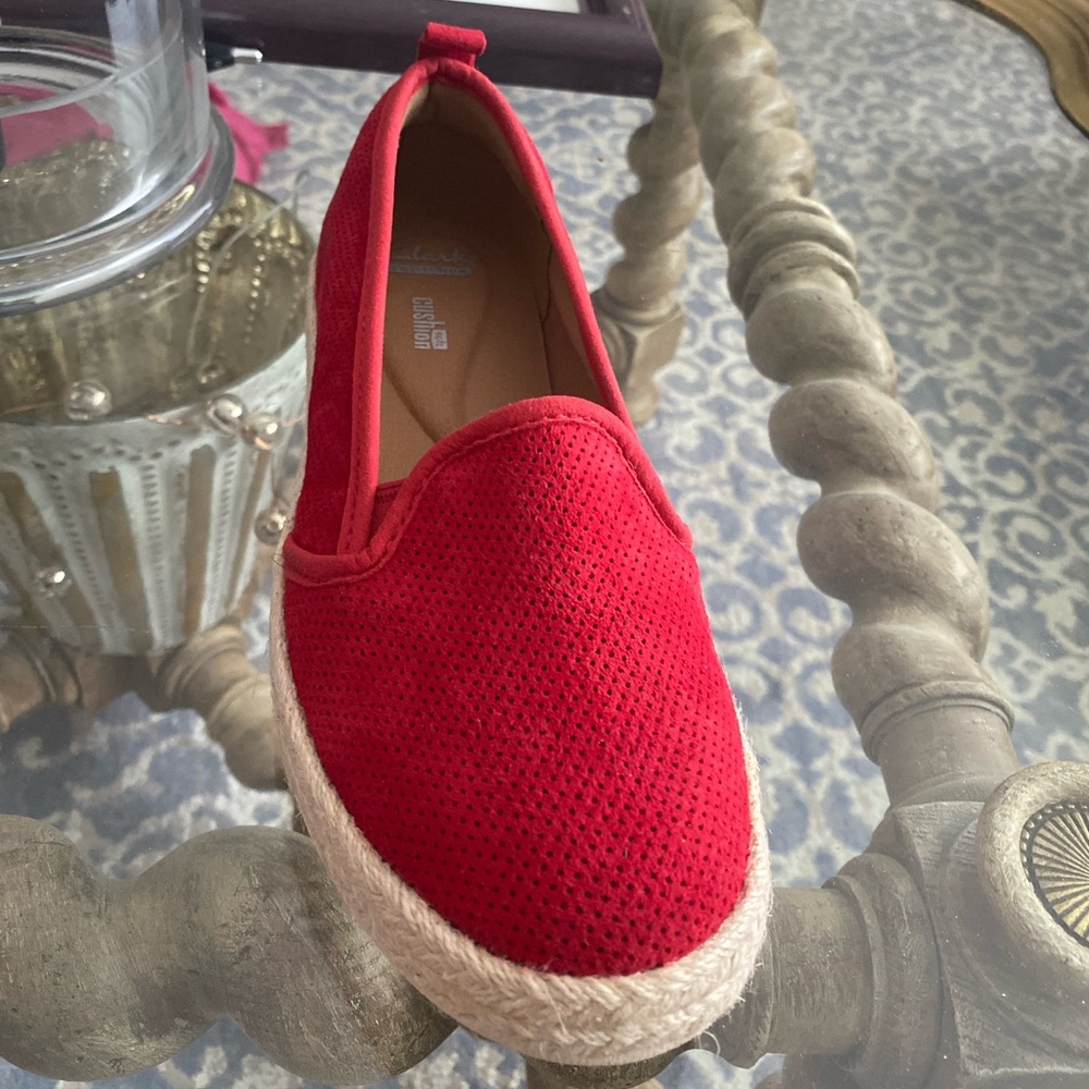 Clarks Collection Soft Cushion Women’s Red Suede Espadrille Slip On Shoe